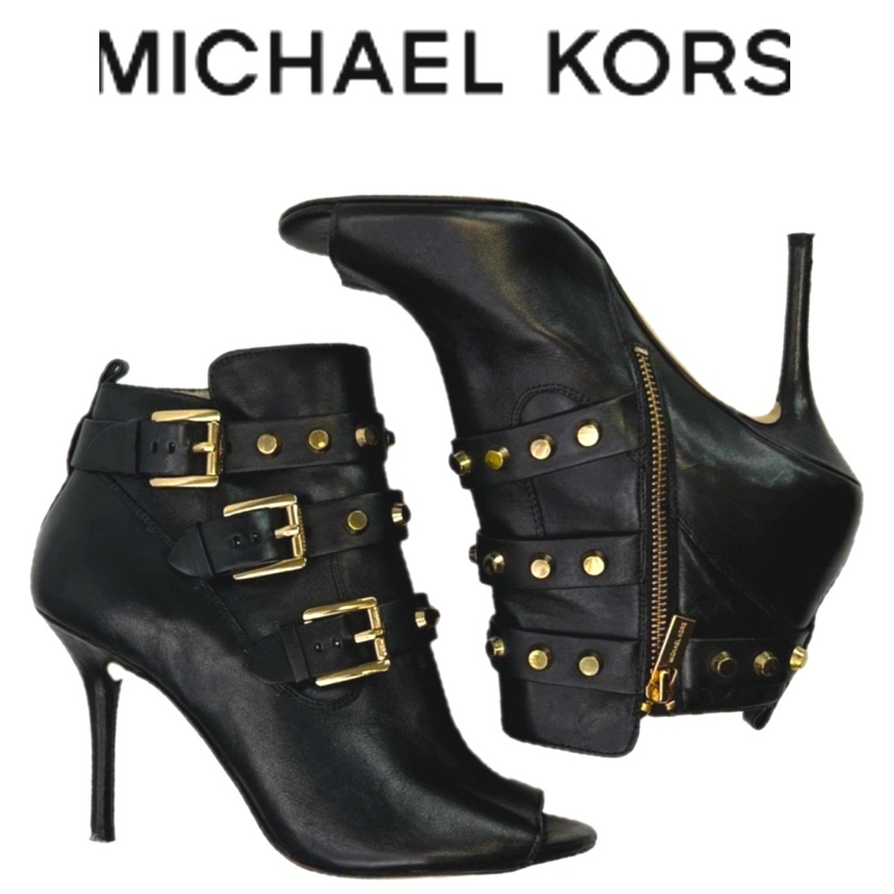 Michael Kors Bryn Open-Toe Studded Ankle Bootie In Black Leather